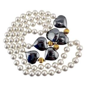 Vintage Hematite Hearts Glass Faux Pearls Gold Tone Accent Beaded 30" Necklace